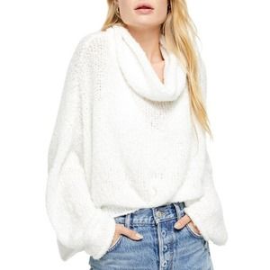 Free People White BFF Cowl-Neck Textured Knit Boxy Sweater Size Small